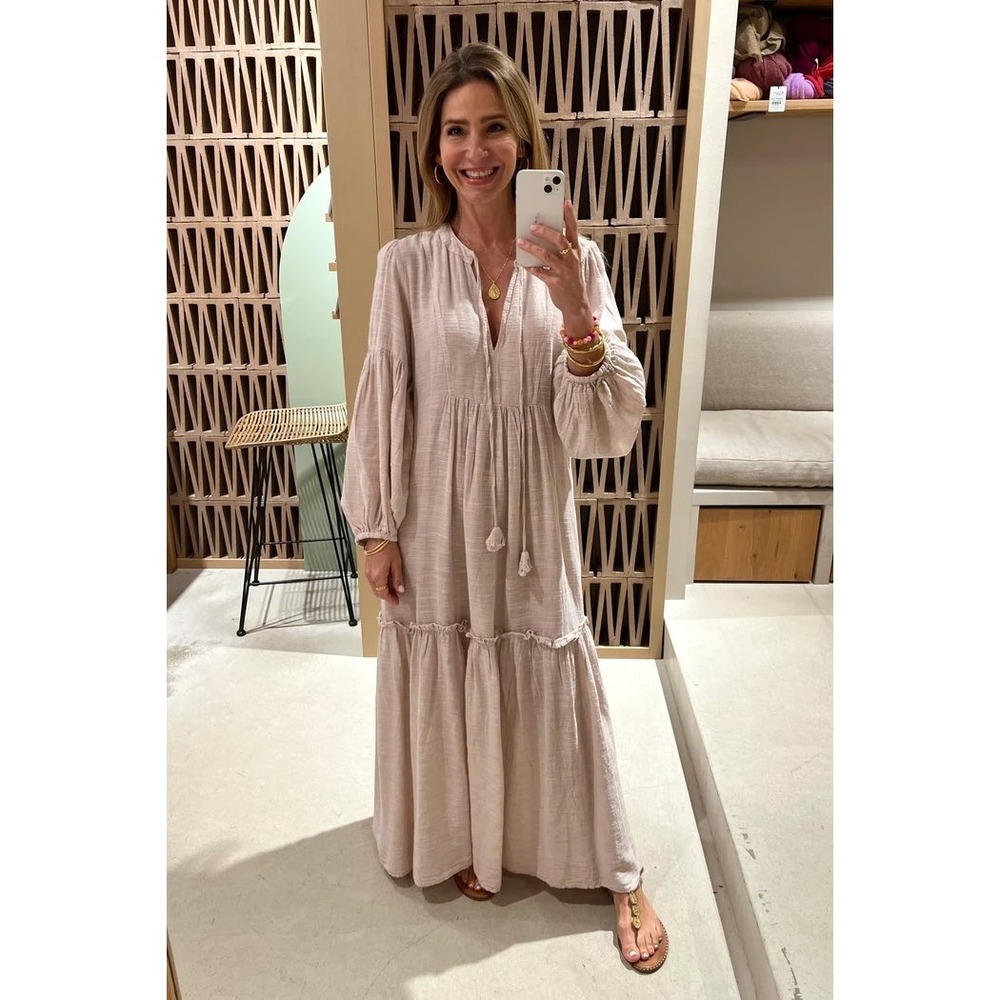 Pearl & Caviar Beige Cotton Linen Blend Tiered Boho Maxi Dress Tassel M/L